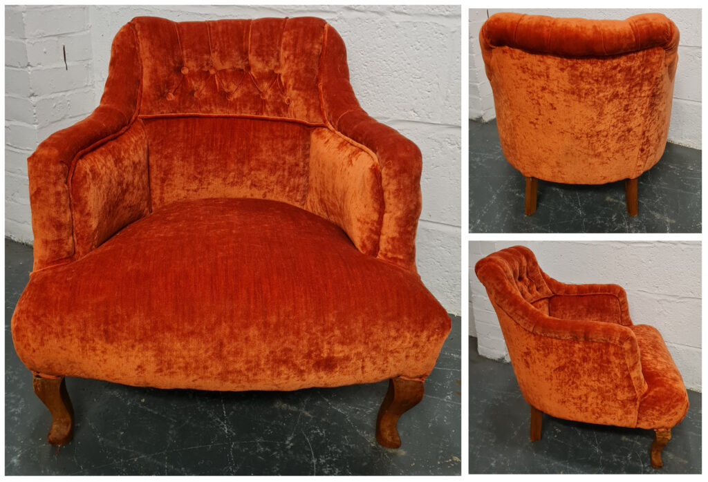 Victorian Deep Buttoned Club Chair reupholstered in Ross Fabrics Pastiche Slub Burnt Orange. 